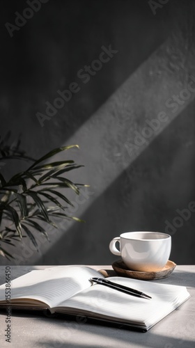 Cozy Morning Setup With Coffee, Notebook, and Leafy Plant in Warm Light.