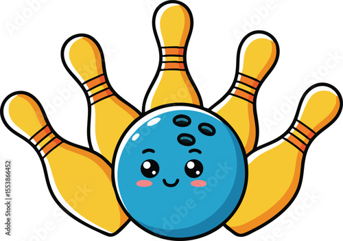 Cute bowling ball with smiling face and set of five yellow bowling pins vector illustration for leisure and sports activities 