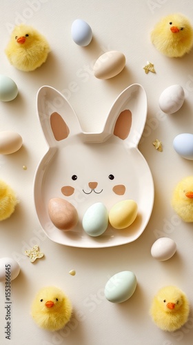 Cute Bunny Themed Easter Decoration With Pastel Eggs and Fluffy Chicks on a L...