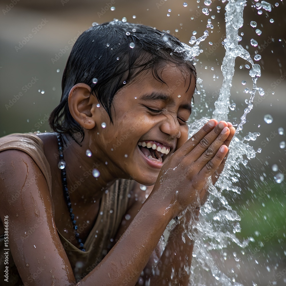Obraz premium A young South Asian boy with short black hair smiles joyfully while playing in water. Water droplets splash around him, creating a lively atmosphere.