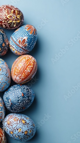 Beautifully Decorated Easter Eggs Arranged on a Blue Background for Spring Ce...