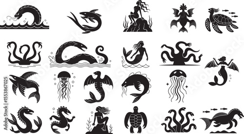 Black silhouette mythical sea creatures and mermaids vector pack monster legend