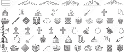 Collection of Armenian cultural symbols and landmarks in black line art flag mountain