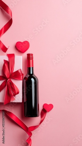 Romantic Gift Arrangement With Wine and Hearts on Pink Background for Special...