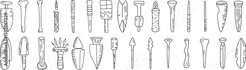 Collection of primitive tools and objects in black and white line drawing bone knife