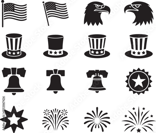 Set of six clean black and white American Independence Day silhouette icons flag eagle