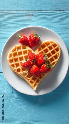 Heart-shaped Waffle Topped With Fresh Strawberries on a Blue Wooden Table