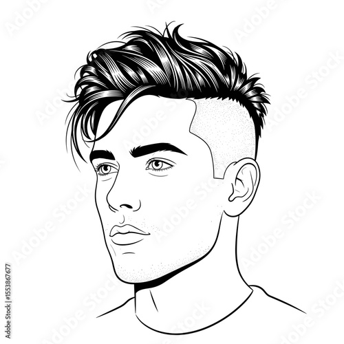 Short sides, long textured top — tousled with product Profile portrait of a man with a modern textured haircut and a stylish fade, illustrated in black and white for hair salon theme.