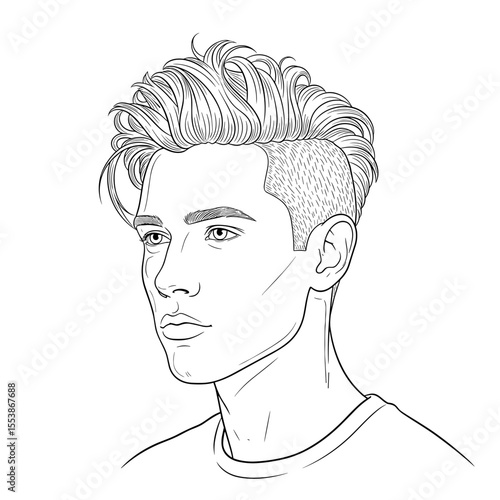 Short sides, long textured top — tousled with product Profile portrait of a young man with a textured hairstyle and a thoughtful expression, illustrated in black and white for hair salon theme.