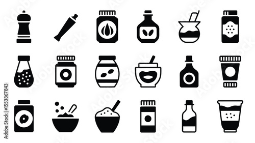 Collection of minimalist black and white kitchen spices and seasoning icons