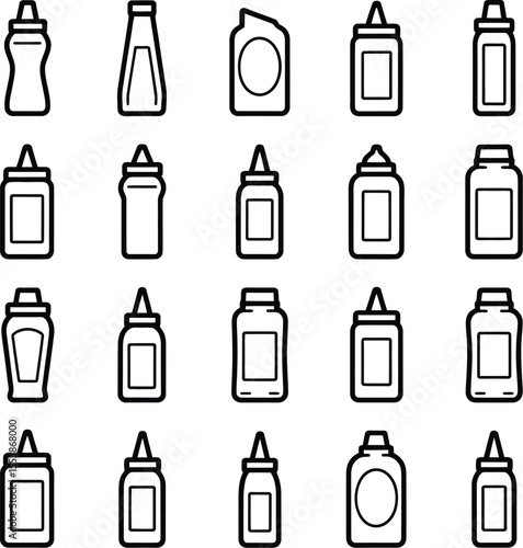 Collection of vector icons depicting various condiment bottles and sauce containers