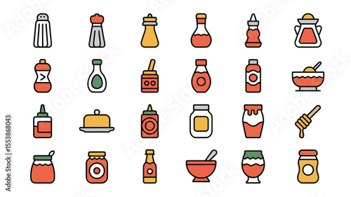 Colorful vector illustration of kitchen condiments seasonings sauces and spices icon set