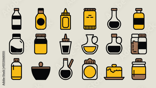 Illustrated collection of common kitchen condiments and sauces in flat design style