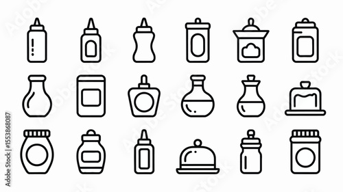 Minimalist outline icons of common kitchen and dining condiments and sauces on white background