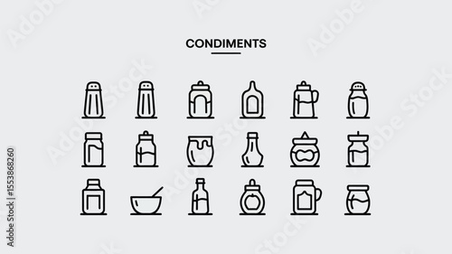 Vector icons collection depicting assortment of condiments for culinary and food related design