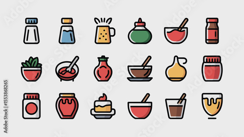 Vector illustration of a collection of colorful food icons and cooking ingredients
