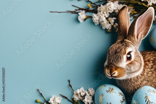 Cute Rabbit With Decorative Eggs Near Blooming Branches on a Blue Background ...