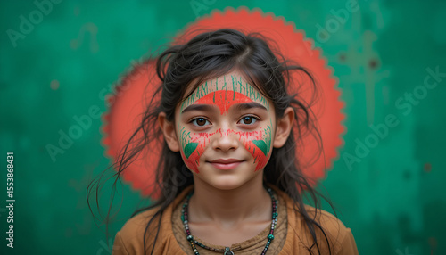 Sweet girl with vibrant Bangladesh flag face paint stands smiling against a textured green and red background, celebrating national pride.