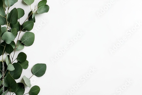 Green Eucalyptus Leaves Arranged on a White Background for a Fresh and Natura...
