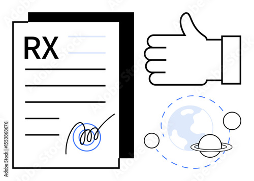 Prescription paper signed, thumbs-up symbol for approval, planetary icons symbolizing global reach. Ideal for healthcare, approval process, innovation, global impact, trust, medical technology