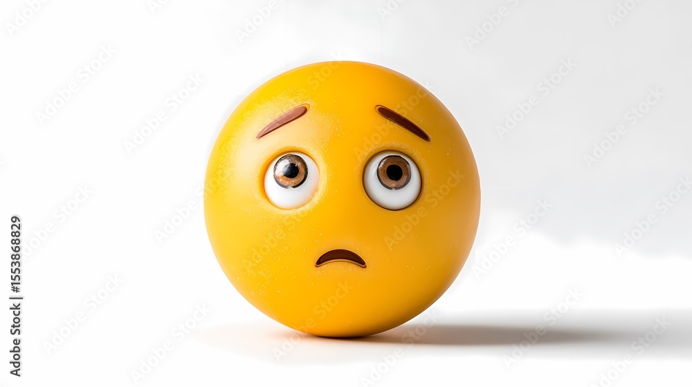 Fototapeta premium A yellow emoji with a worried expression is displayed against a plain white backdrop, creating a simple yet emotionally resonant image.