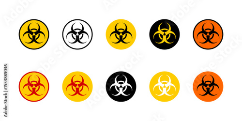Round Black White Yellow Red Orange Warning Sign Set with Biological Hazard or Biohazard Danger Caution Symbol Icon in a Circle. Vector Image.