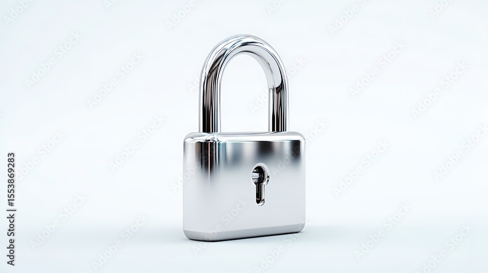 Fototapeta premium A shiny, closed padlock reflecting light stands securely against a plain white background, symbolizing security and protection.