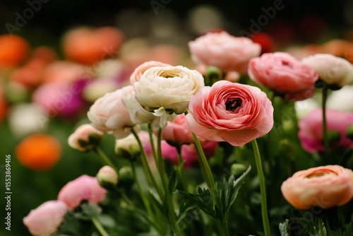 Colorful Ranunculus Flowers Bloom in a Sunny Garden During Spring Season.