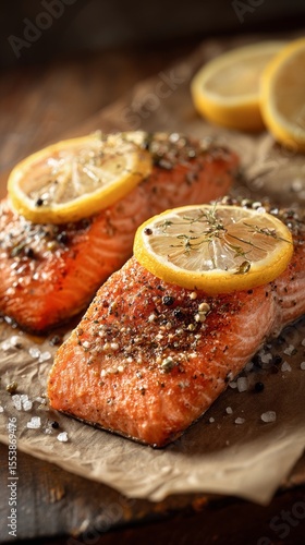 Fresh Salmon Fillets Seasoned With Lemon Slices and Black Pepper on Parchment...