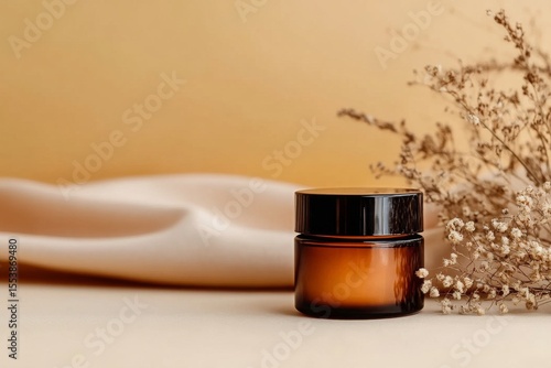 Elegant Amber Jar With Herbal Ingredients and Dried Flowers on a Beige Backgr...