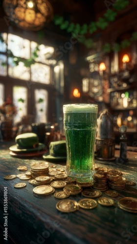 Green Drink and Gold Coins Create Festive Ambiance in Lively Pub