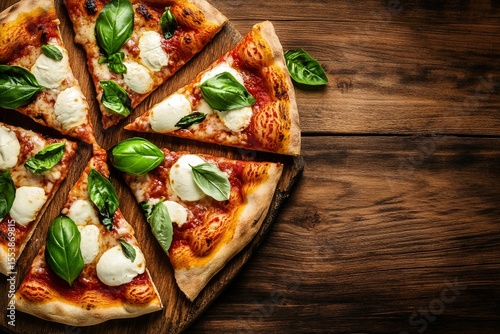 Freshly Baked Pizza With Basil Leaves on Wooden Table Ready to Serve