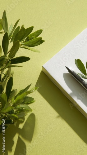 Simple Workspace With Green Leaves and a Silver Pen on a Light Background