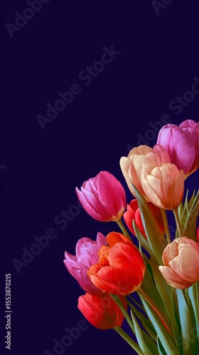 Colorful Bouquet of Tulips in Various Shades Against a Dark Background