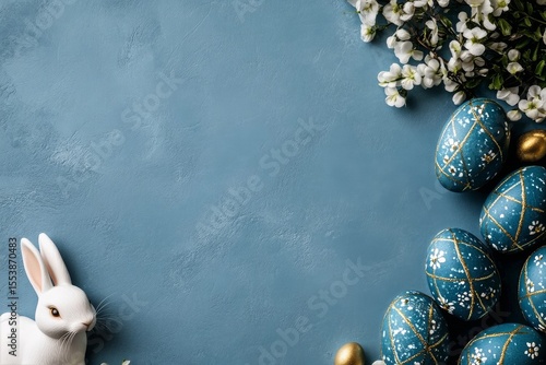 Decorative Easter Display With Colorful Eggs and a White Rabbit on a Blue Bac...
