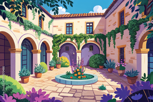 Ancient courtyard garden with weathered stone walls, creeping ivy, and rustic charm vector perfect for historic, medieval, or architectural nature themes