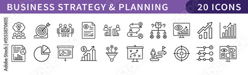 Business Strategy and Planning Icons Set, A set of 20 icons representing business strategy and planning concepts, perfect for corporate, finance, and management projects.

