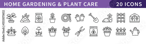 Home Gardening and Plant Care Icons Set, A set of 20 icons representing home gardening and plant care tools, ideal for gardening projects and plant enthusiasts.
