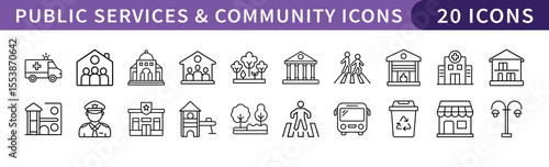 Public Services and Community Icons Set, A collection of 20 icons representing public services and community facilities, ideal for civic, municipal, and community projects.
