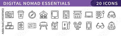 Digital Nomad Essentials Icons Set, A set of 20 icons representing essential items for digital nomads, ideal for remote work and travel lifestyle projects.
