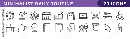 Minimalist Daily Routine Icons Set, A collection of 20 icons representing a minimalist daily routine, ideal for lifestyle, productivity, and time management designs.
