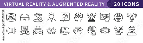 Virtual Reality and Augmented Reality Icons Set, A set of 20 icons representing virtual reality and augmented reality, ideal for immersive technology and digital experiences.
