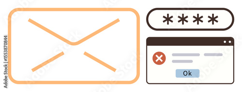 Envelope outline, password entry field with asterisks, and error message popup. Ideal for email, login, cybersecurity, authentication, password management communication online safety. A simple flat