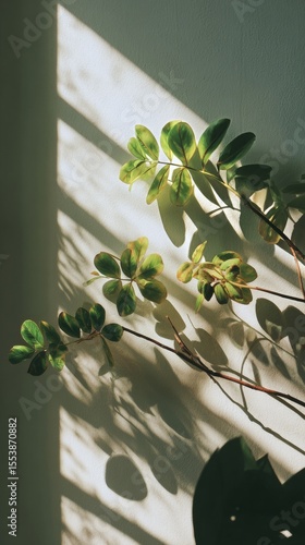 Green Leaves Cast Intricate Shadows on a Textured White Wall in Soft Natural ...