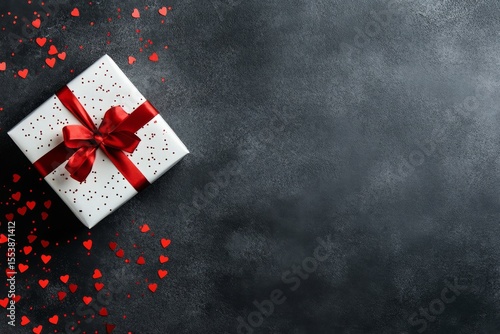 Gift Wrapped With Red Ribbon and Hearts Scattered on Dark Table Surface.