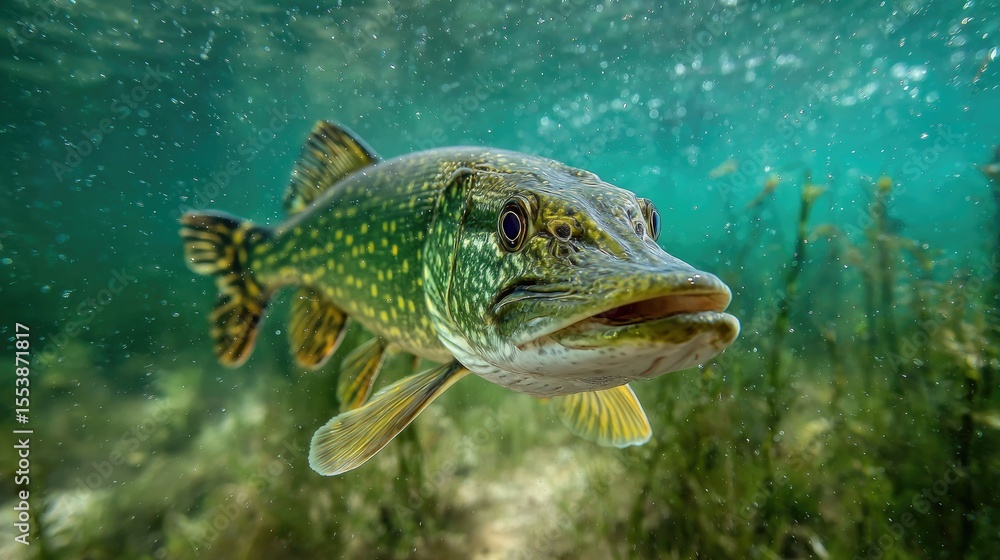 Fototapeta premium Underwater glimpse of a northern pike swimming among aquatic plants in a clear lake during daytime hours
