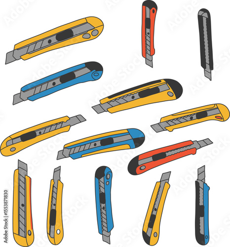 Colorful box cutter illustrations: versatile utility knives for crafts, opening packages, and office tasks, offering a range of designs for various cutting needs and creative projects.