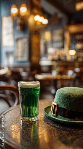 Celebratory Green Beverage and Festive Hat at a Cozy Pub During St Patricks D...