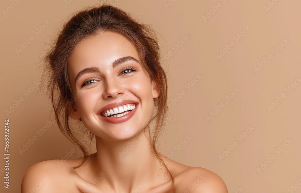 Smiling young woman with radiant skin and joyful expression against a warm beige background promoting positivity and beauty Smiling young woman with radiant skin and joyful expression against a warm beige background promoting positivity and beauty