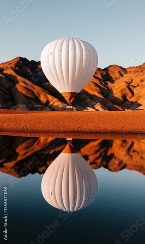 Hot Air Balloon Reflects on Tranquil Water Near Mountains at Sunset